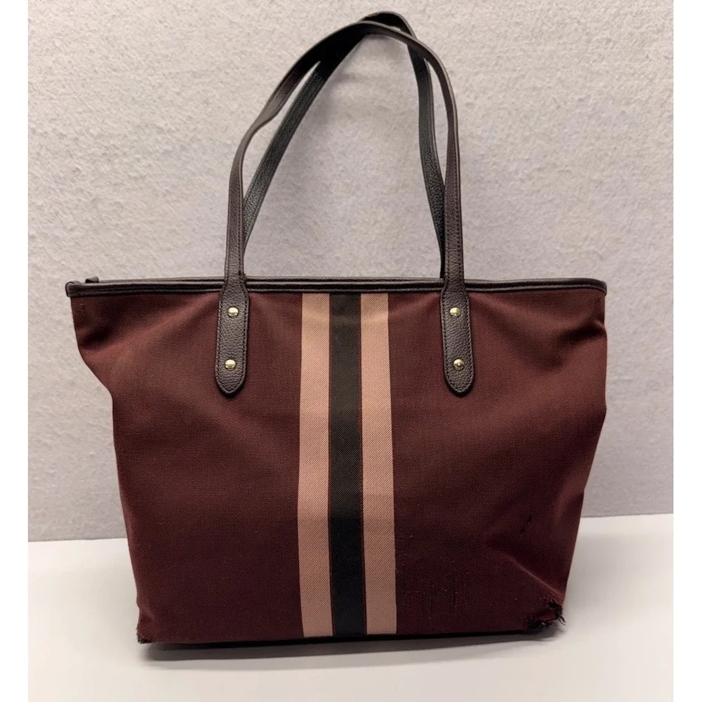 COACH Horse & Carriage Jacquard City Tote Oxblood Pink Varsity Stripe 69645